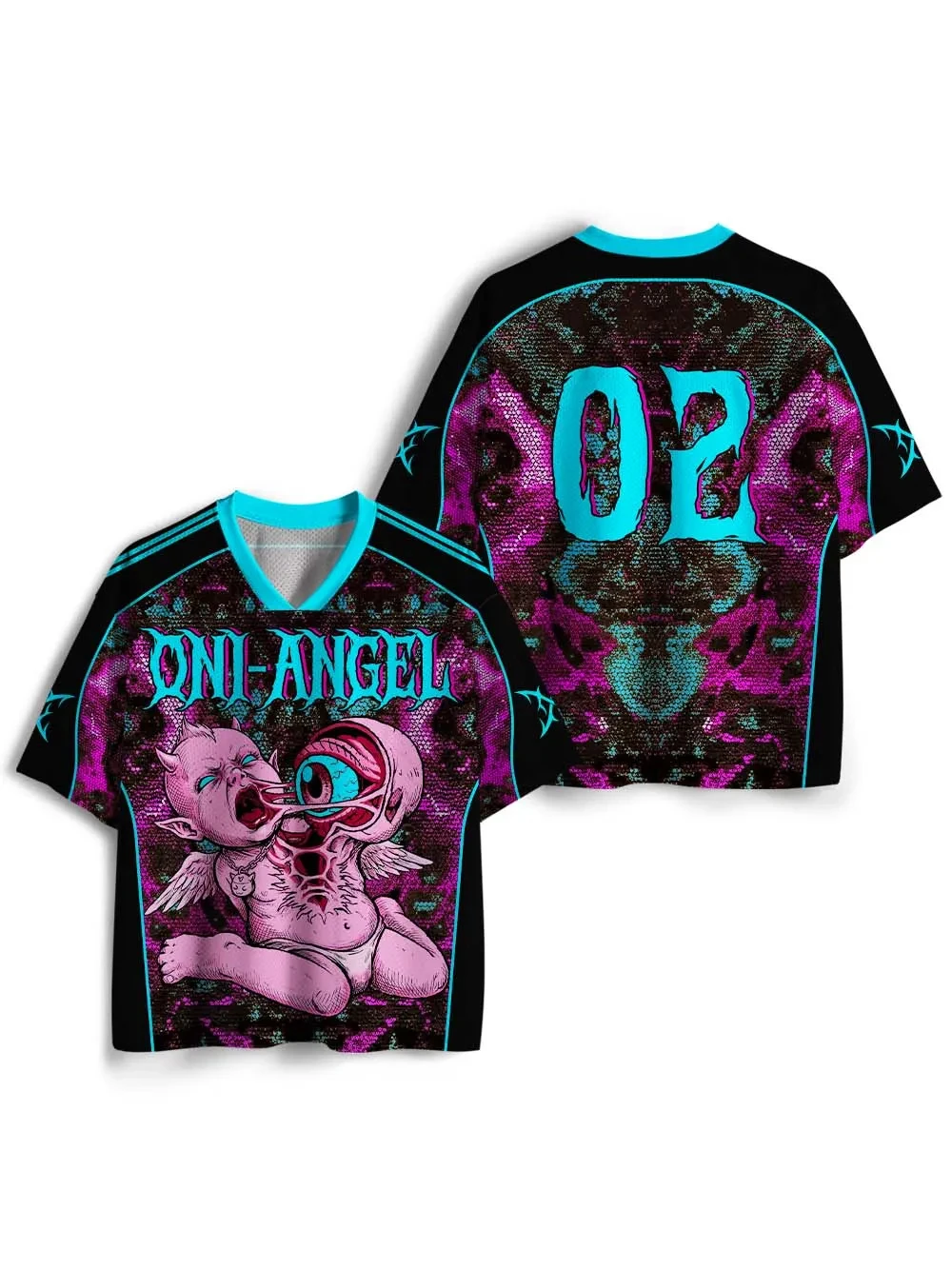 Dark Psychedelic Style, V-neck Top Featuring Eerie Graphics of Demonic Angel-babies; An Alternative Y2K Casual Look.
