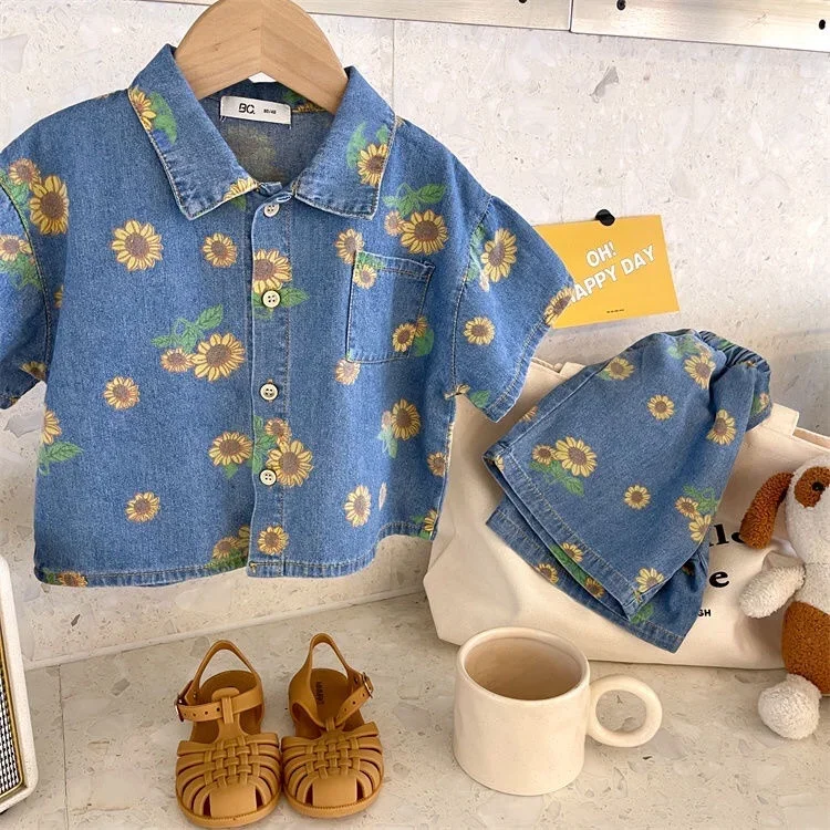 Siblings Children\'s Denim Suit 2024 Summer Korean Fashion Sunflowers Kid Girls Shirt+ Shorts Set 2-7Y Baby Boys Two-piece Suit