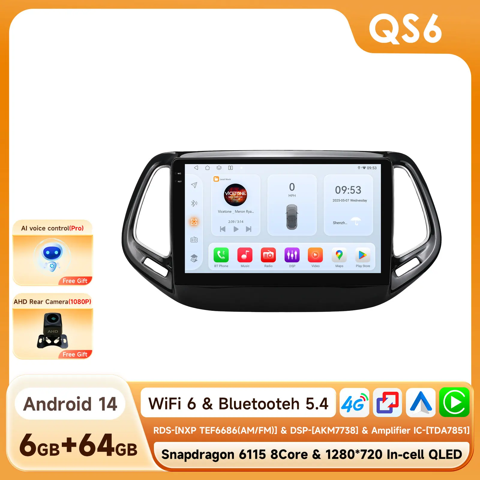 Draadloze CarPlay Android Auto autoradio voor Jeep Compass 2017 - 2020 GPS Intelligent Systems Stereo Multimedia Autoradio 4G 6115