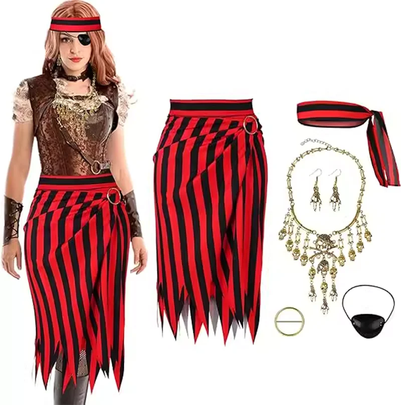 

Women Red Striped Skirt Headscarf Necklace Earrings Eye Patch Pirate Halloween Cosplay Role-Playing Dress
