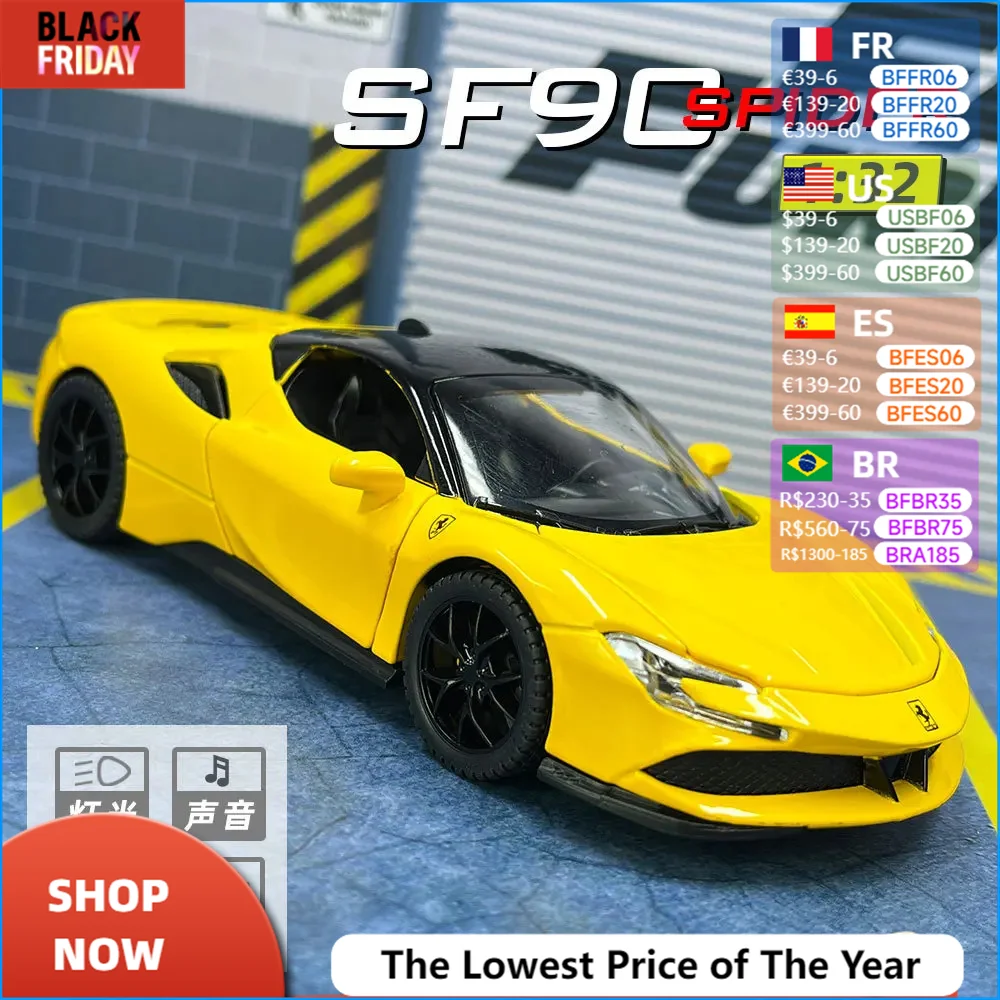 1:32 Scale Ferrari SF90 Supercar High Simulation Diecast Metal Alloy Model Car Sound Light Pull Back Collection Toy Gifts