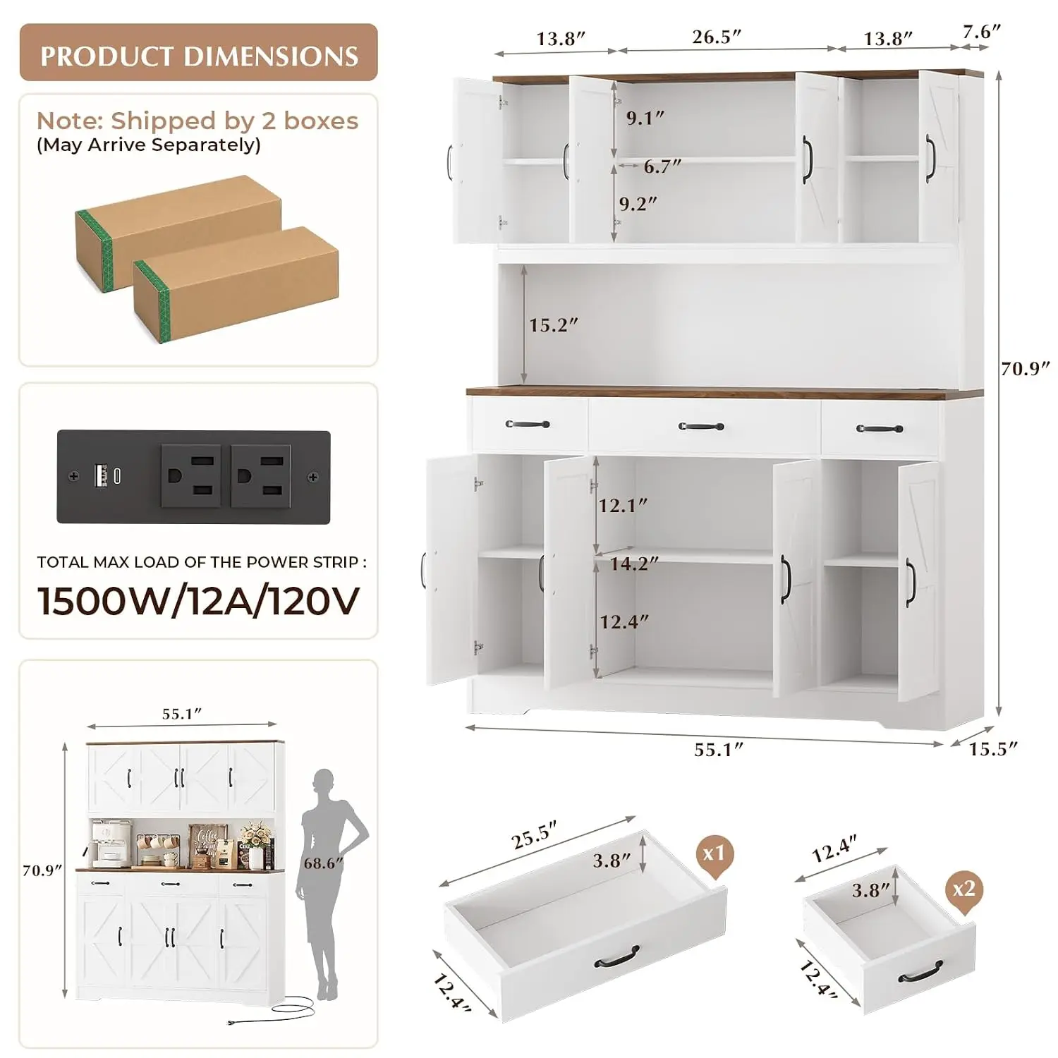 71 Inch Kitchen Pantry Cabinet, 55 Inch Wide Kitchen Hutch with Charging Station, 3 Drawers and Adjustable Shelves