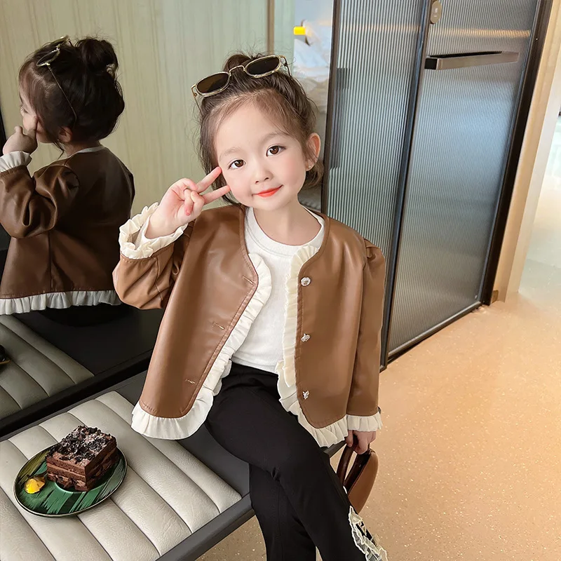 Girls Coats 2024 Autumn New Childrens Clothes Korean Style Fashion Baby Jacket Leather Coat Casual Simple and All-match