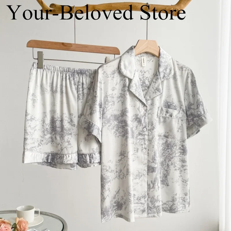 طقم بيجامات حمراء قميص وسراويل مثير للسيدات صيف ربيع جديد ملابس منزلية ناعمة رايون ملابس نوم 2 قطعة بيجامات مطبوعة ملابس نوم