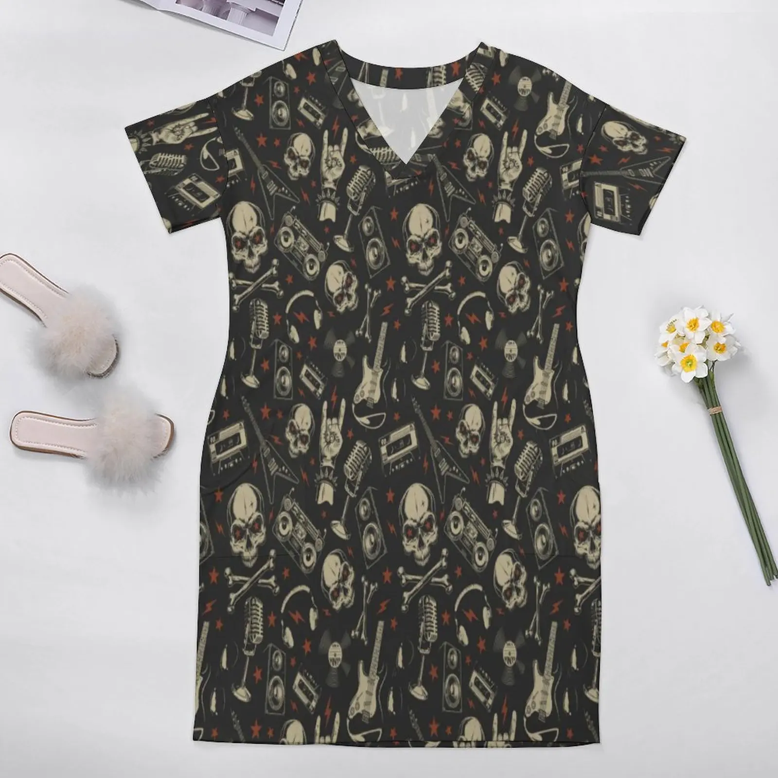 Metal Music Skull Dress V Neck Rock Grunge Punk Street Style Dresses Summer Elegant Casual Dress Women Print Plus Size Vestido