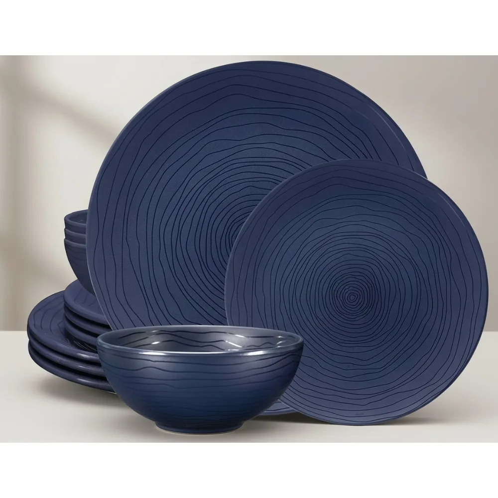 

12-Piece Melamine Dinnerware Set - Durable Dishwasher Safe Navy Blue Plates Bowls for Family Outdoor Dining