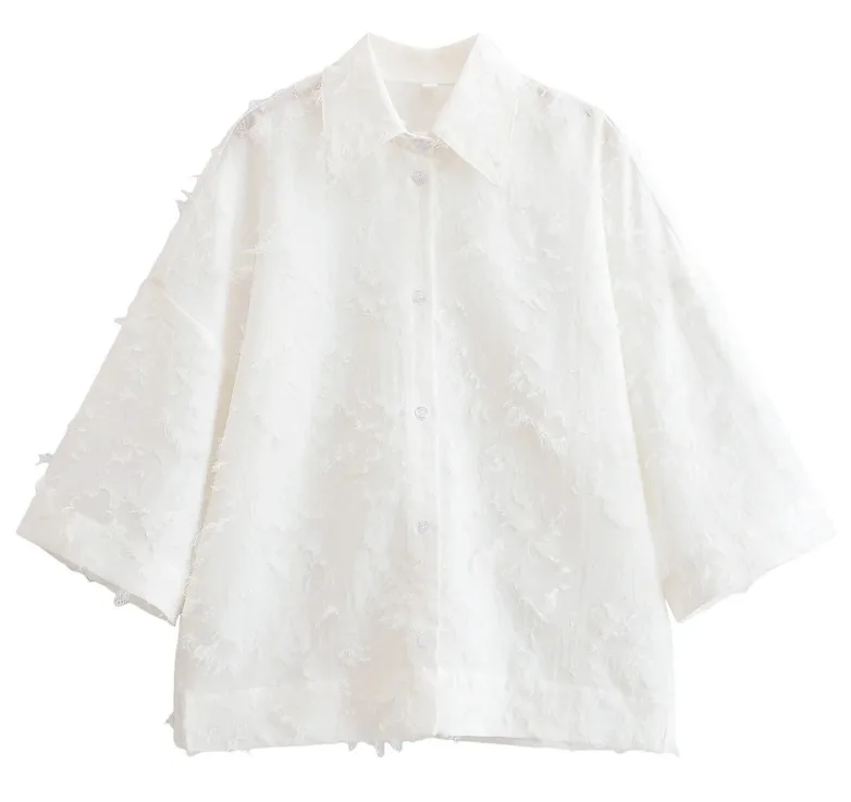Tweedelige set met witte kwastjes voor dames, elegant revers shirt met lange mouwen en geplooide maxirok met hoge taille, zomerkantooroutfit 2025