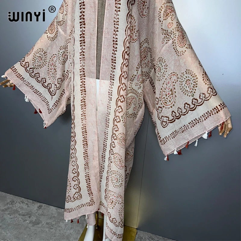 ウィンイー アフリカ ボヘミアン サマー キモノ マキシドレス ビーチカバーアップ カーディガン アバヤ ムスリム女性用コート ボホ カフタン ビーチウェア カフタン