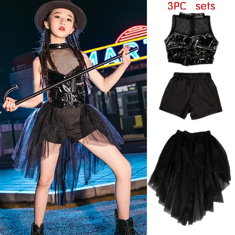 

Kids Jazz Clothes Girls Hip Hop Suit Modern Street Dance Black Mesh Leather Dress New Girls Catwalk Model Stage Costumes