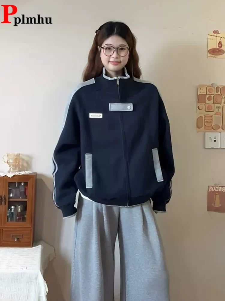 

Korean Hoodie Patchwork Jackets Women's Casual Baggy Elegant Chaquetas Loose Sports Contrasting Color New Cardigan Jaquetas