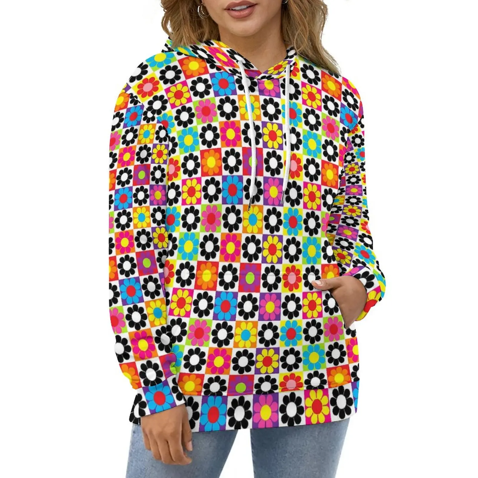 

Flower Power Casual Hoodies Colorful Squares Aesthetic Hoodie Couple Long Sleeve Street Style Print Loose Oversized Sweatshirts