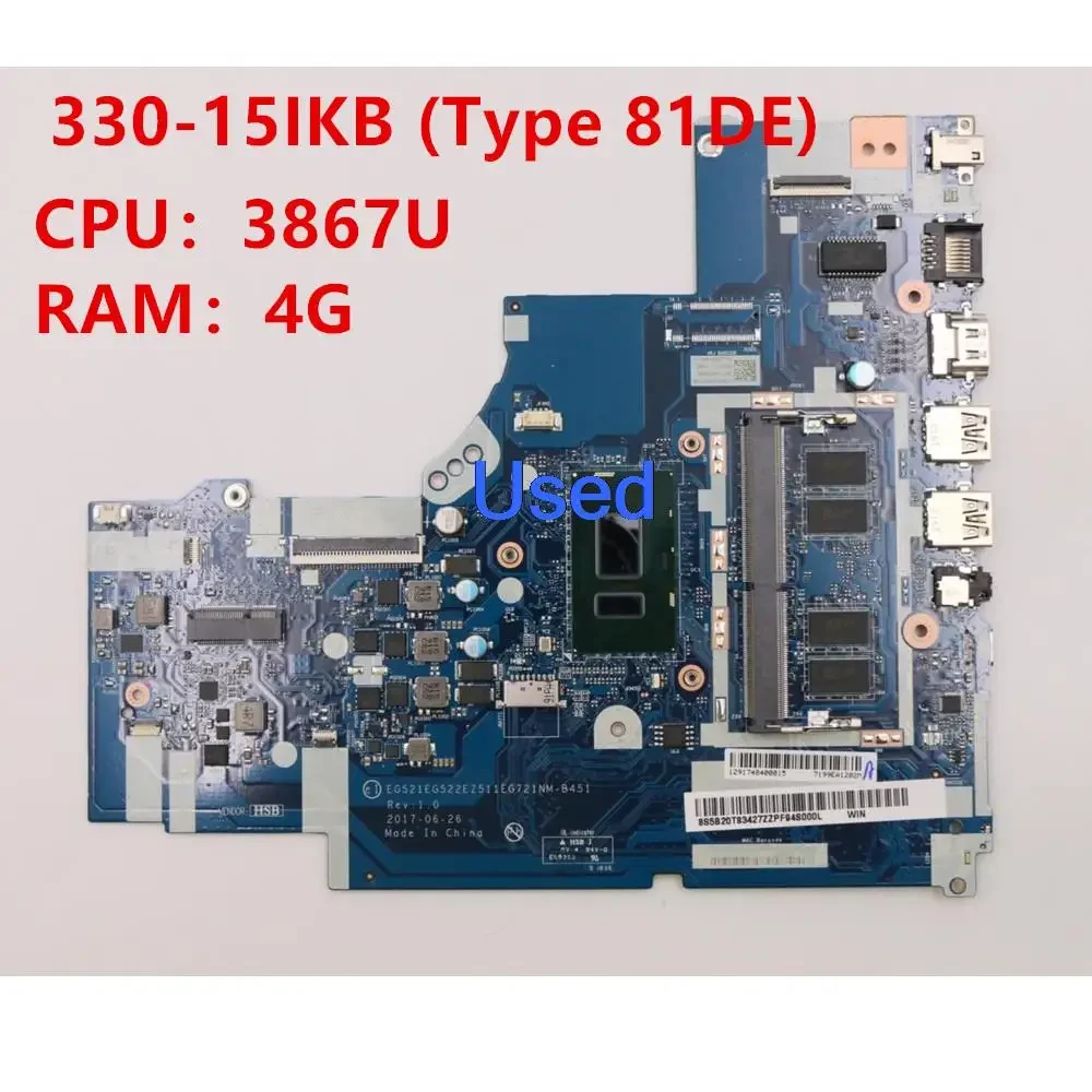 Used Mainboard For Lenovo Ideapad 330-15IKB Motherboard CPU 3867U 4G RAM NM-B451 5B20T83426 5B20T83427