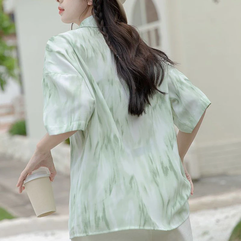 High Street Mint Green Printed Sweet Shirt for Women\'s 2024 Summer New Loose Slimming Fashion Casual Versatile Top for Women