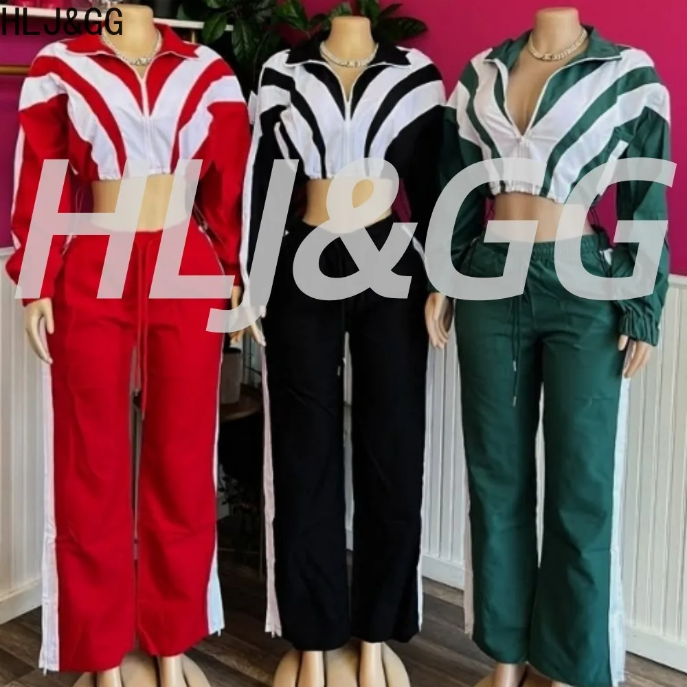 

HLJ&GG модные лоскутные спортивные брюки на шнурке, комплекты из двух предметов, женский укороченный топ с v-образным вырезом на молнии и длинными рукавами + брюки, уличная одежда