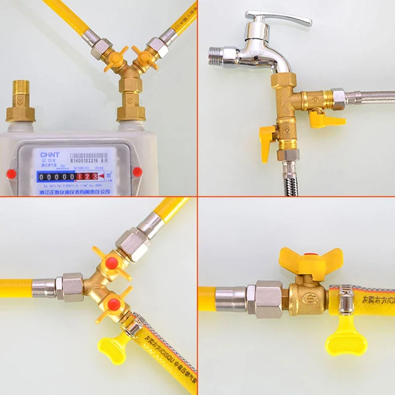 1/2" Brass Gas Three-Way Valve Natural Gas Hose Pagoda Head Intubation Gas Connector Liquefied Gas Three-Way Ball Valve