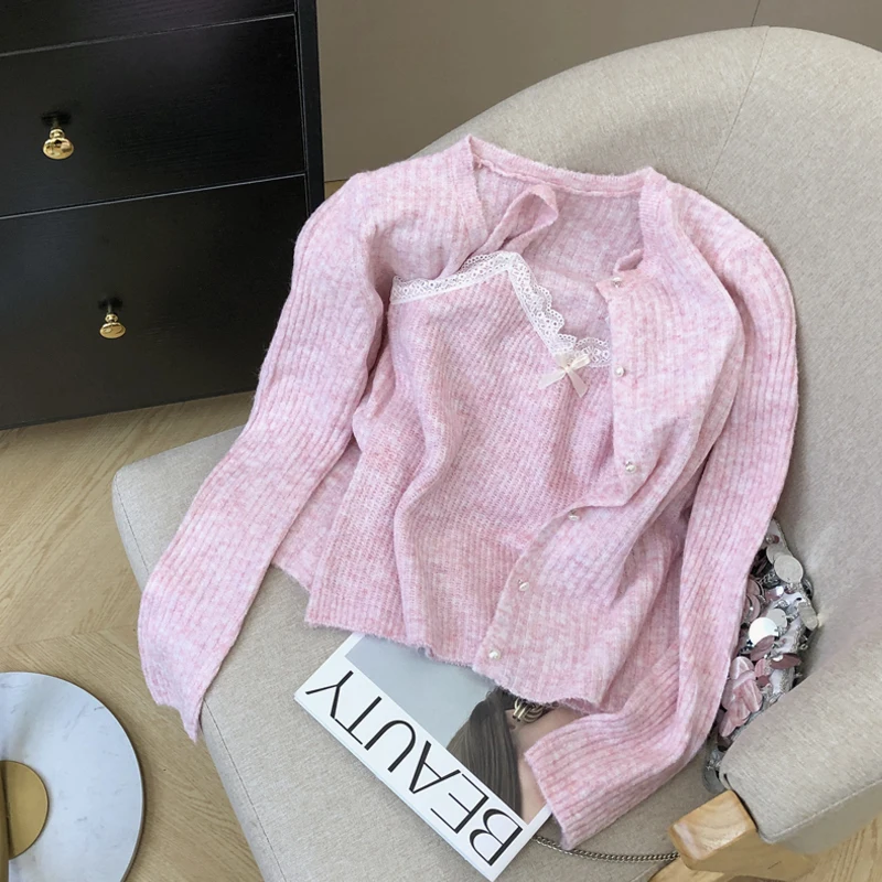 

Spring Autumn New Blue Round Neck Knitted Cardigan Lazy Style Unique Bow Design Long Sleeve Sweater And Camisole Two Piece Set