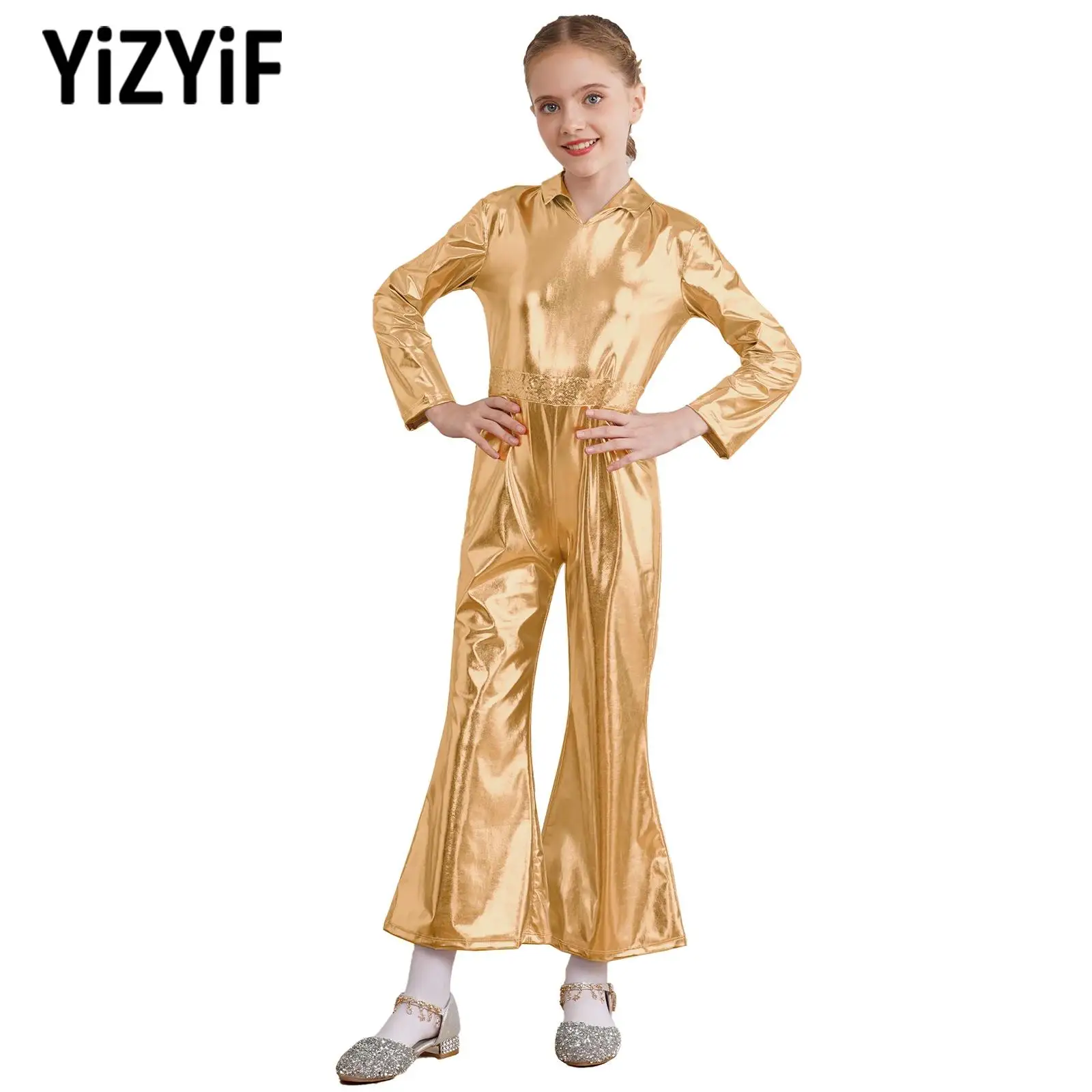 

Kids Boys Girls Metallic Shiny Jumpsuit Retro Long Sleeve Bell-Bottomed Leotard Teens Bodysuit Children Disco Jazz Dance Costume