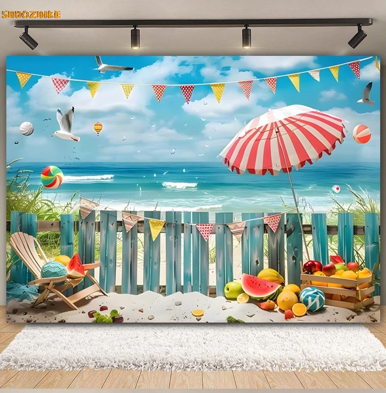 여름 해변 생일 사진 배경 해변 과일 수박 파라솔 공 휴가 파티 장식, 아기 성인 사진 스튜디오