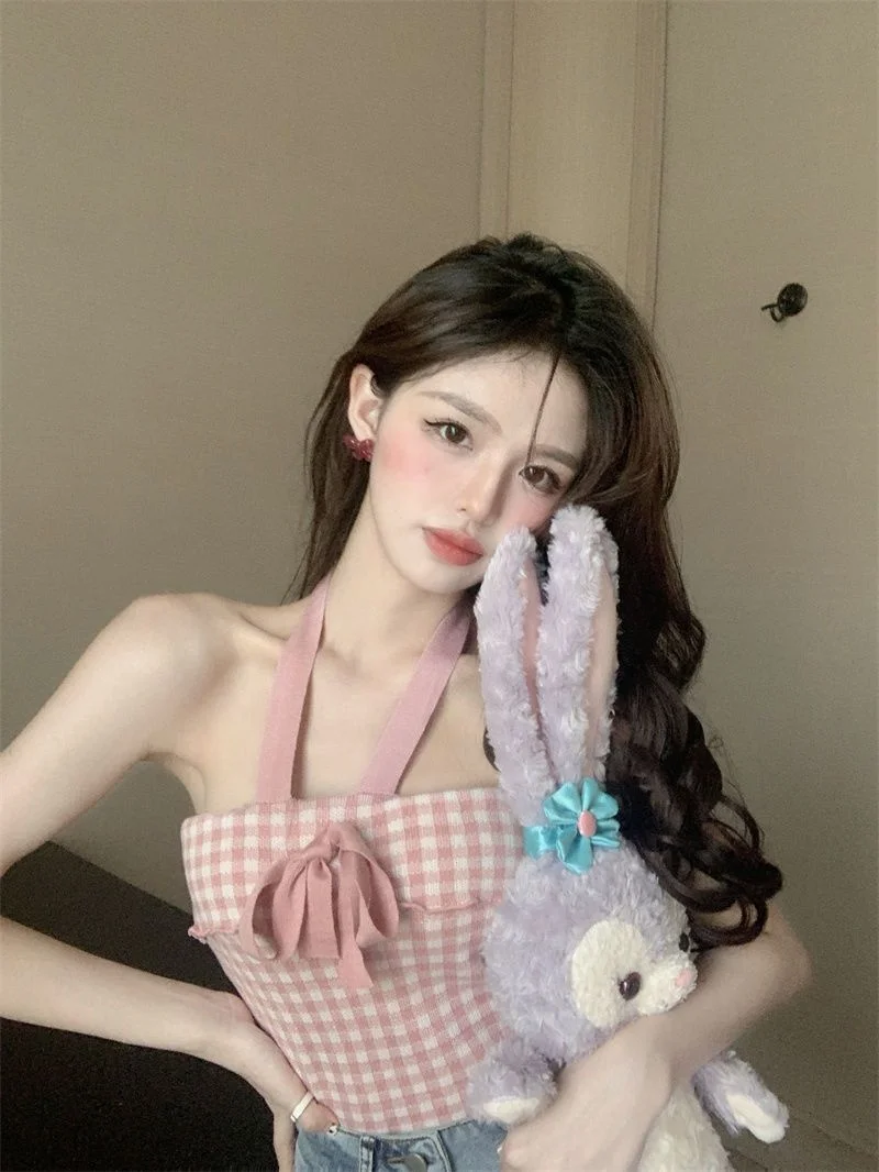

Women's Check Halter Neck Tube Top - Front Bow Decoration Slim Fit Cropped Sleeveless Top, Cute Y2K Hot Girl Retro Spring Summer
