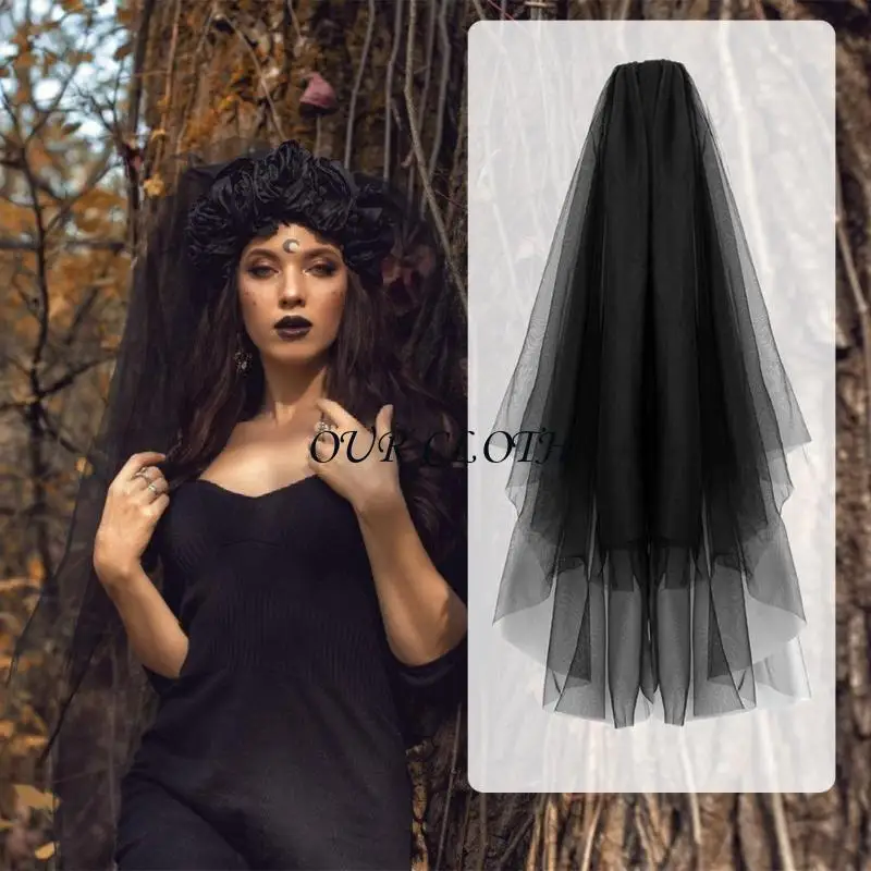 Halloween Party Essential Black Lace Veil with Gloves for a Haunting Look Y1AC