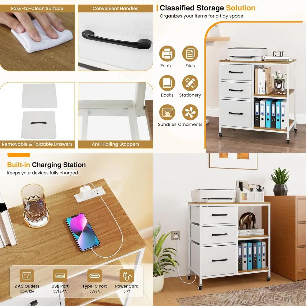 

White Home Office Storage Solutions: Filing Cabinet, Printer Stand, Fabric Drawers, Open Shelves, Charging Station, Rolling Whee