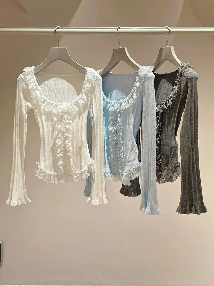 

Spring New Fashion Slim Fit Long Sleeve round Neck Knitted Open Cardigan Lace Trim Tagkita Women's Knitted Sweater