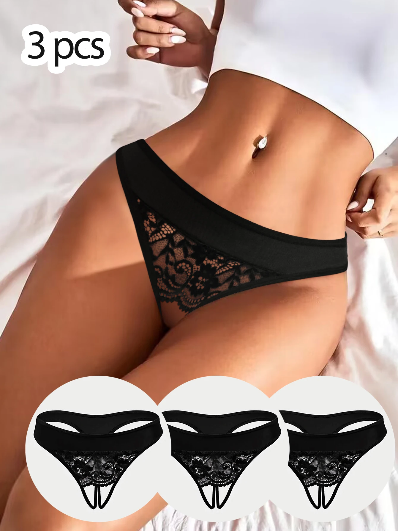 3pcs Lace Thongs Sexy Crotch Opening Panties for Women Underwears Erotic Crotchless Female Intimates Lingerie