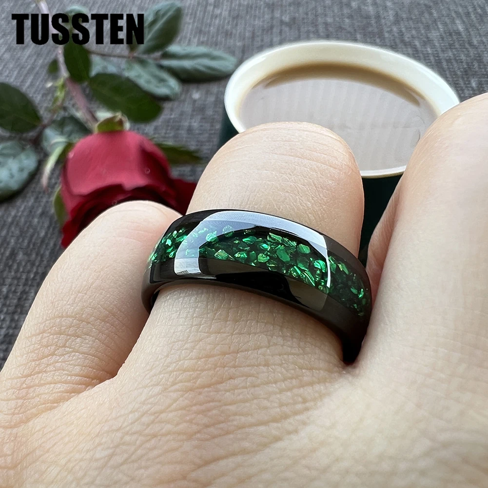 TUSSTEN 4/6/8MM Men's and Women's Wedding Tungsten Ring Green Crystal Stone Inlaid Comfortable Fit