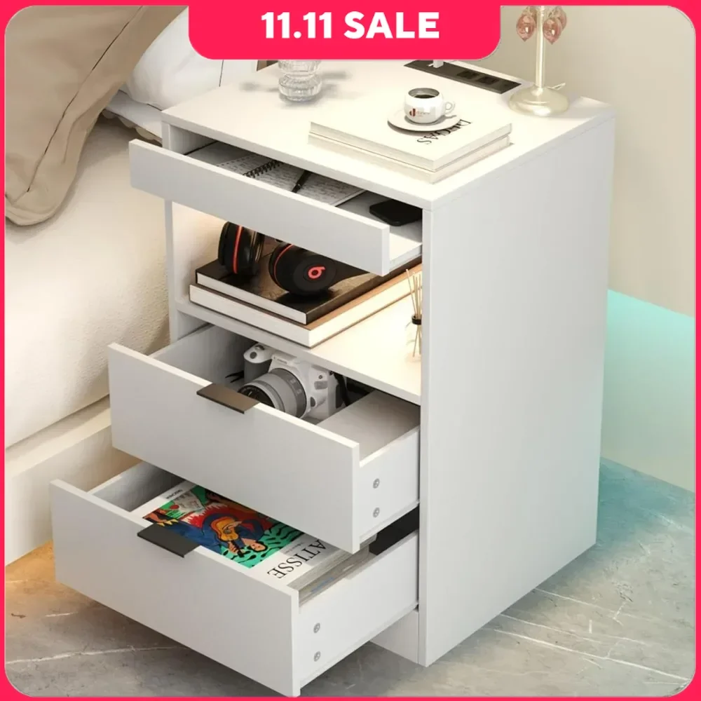 

LED Nightstand Bedside Table with Charging Station, End Table with 2 Drawers and LED Lights, Sofa Couch Side Table