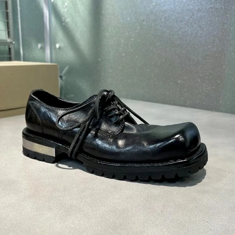 

Retro Men's British Style Loafers New Square Toe Black Lace-Up Casual Thick Heel Leather Shoes Metal Heel Derby Shoes Moccasin