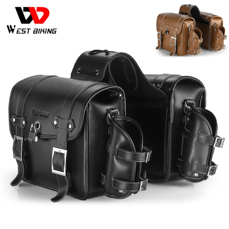 WEST BIKING Motorcycle Bag PU Leather Waterproof 16L 2 Pcs Side Bags Universal Motorcycle Pannier Bag With Bottle Bag Padlock