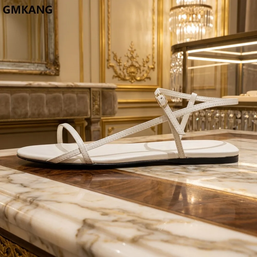 Summer Casual Sandals Women Peep Toe Ankle Buckle Strap Flat Shoes Genuine Leather Narrow Band Sandals Woman Sandalias