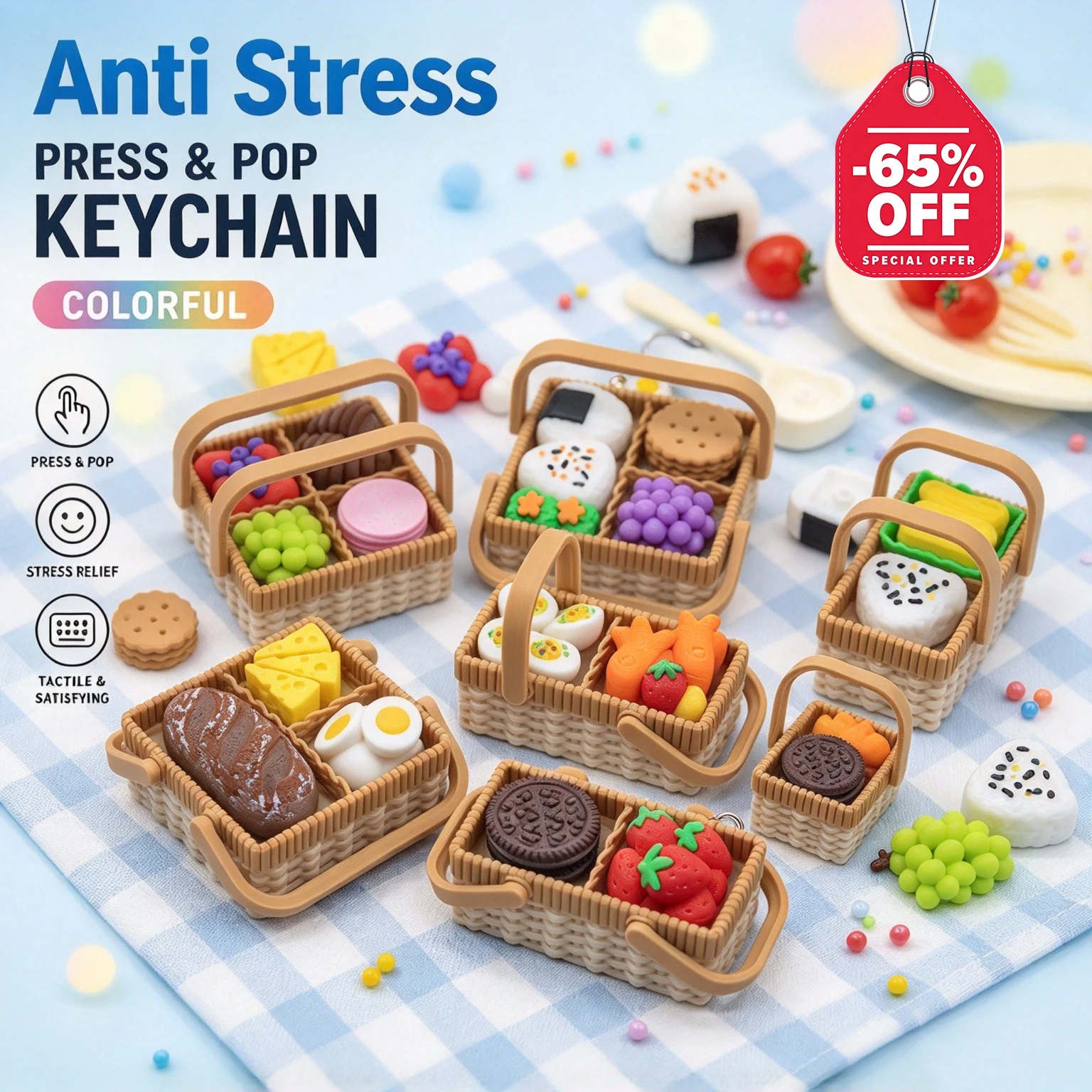 3Pcs Japanese-Style Bread Keyboard Keychain Simulation Basket of Food Charm Fidget Clicker Keyring Christmas New Year Party Gift