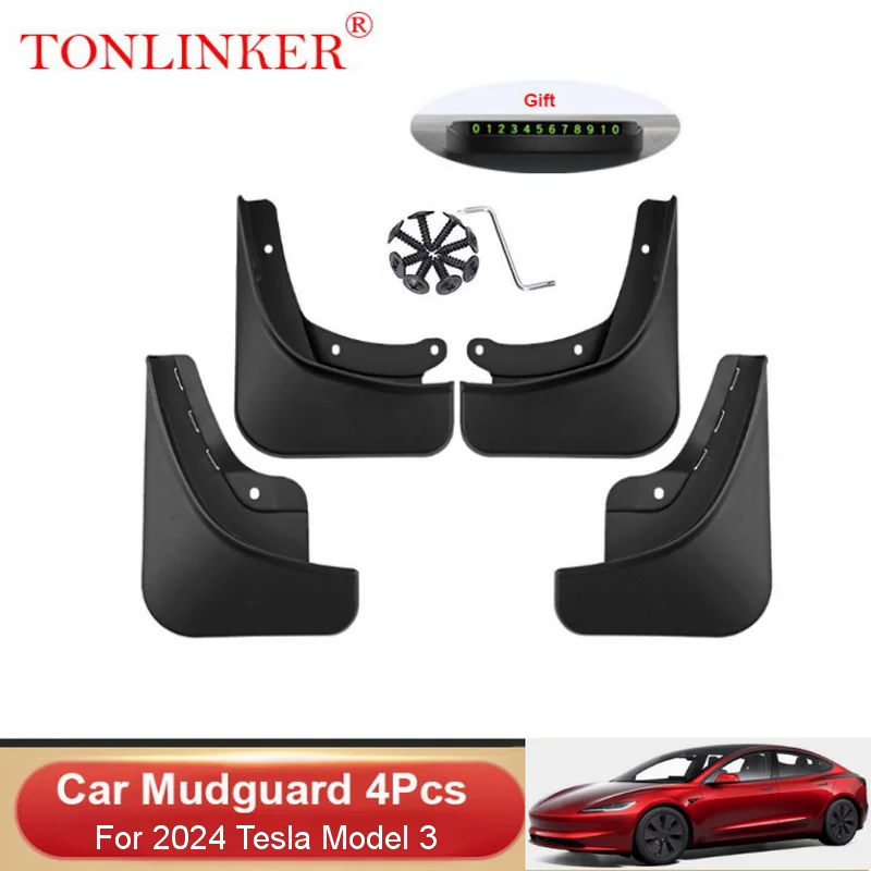 TONLINKER 4 PCS ABS Plastic Car Mudguard For TESLA Model 3 2024- Mudguards Splash Guards Front Rear Fender Mudflaps Accessories