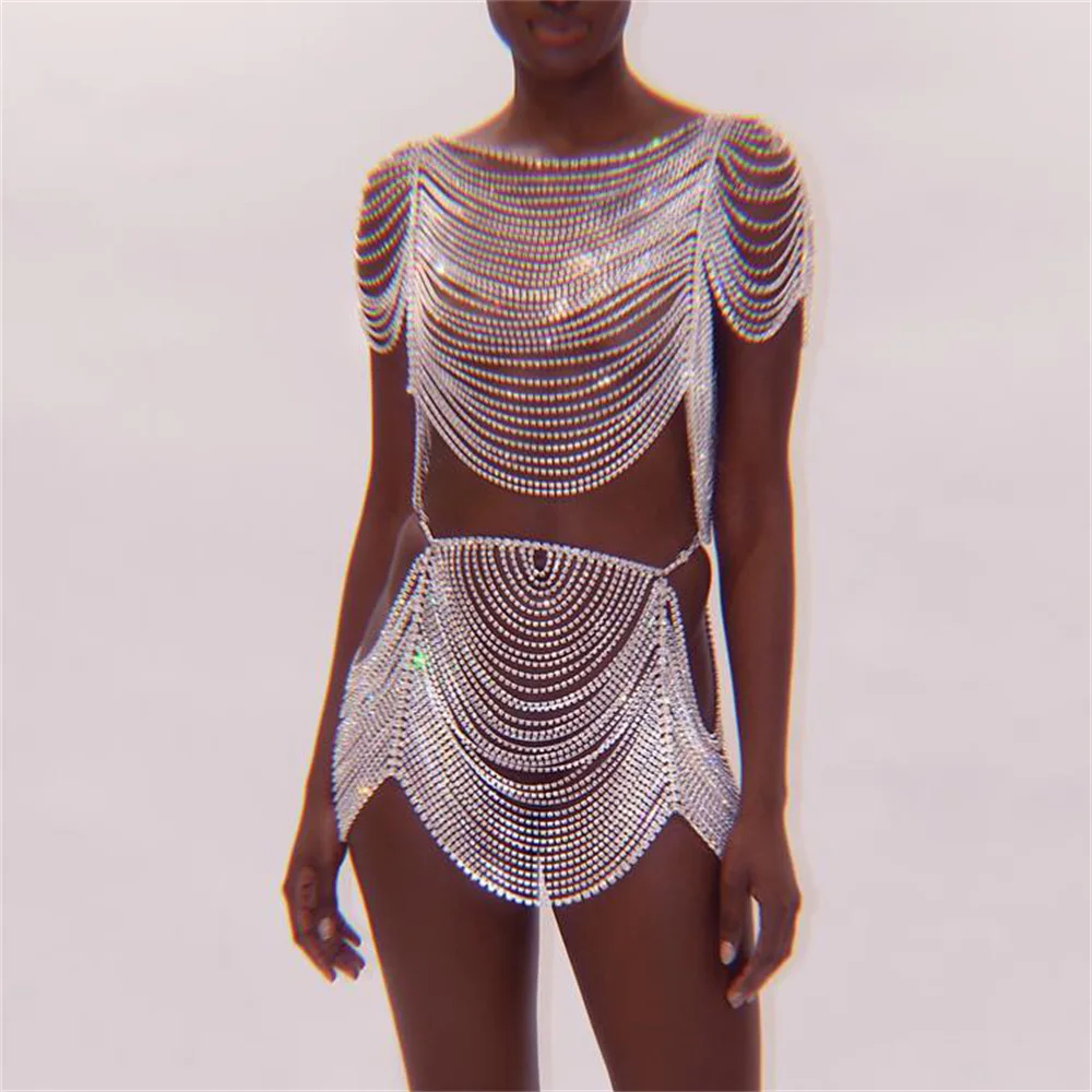 Luxurious Sexy Bling Rhinestone Body Chain Set Fashion Nightclub Bikini Bra Chain Body Chain Jewelry Party Accessories Gift