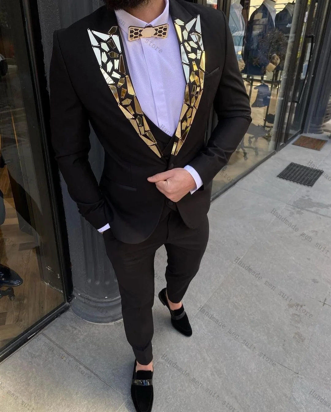 

Black Men Suits 2 Piece Blazer+Cotton Pants Crystals Beaded Luxury Wedding Tuxedo Coat Customized Formal Office Jacket Trousers