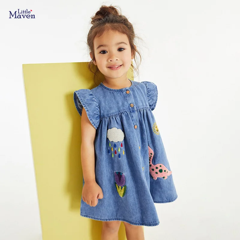 

Girls' Short Sleeved Denim Skirt, Summer Children's Skirt, Embroidered Cartoon Fashion Children's Skirt with Fabric