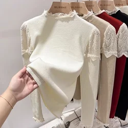 Lace Patchwork Knitted Sweater Women Chic Elegant Stand-Collar Fall Winter Tops Solid Ruffled Long-Sleeve Sweet Jumpers Pullover