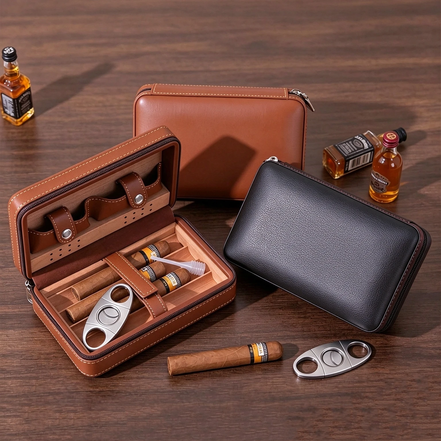 Portable Cigar Humidor for 4 Cigars Leather Cigar Case with Cedar Lining & Cutter Slot Travel Cigar Holder Perfect Gift for Men