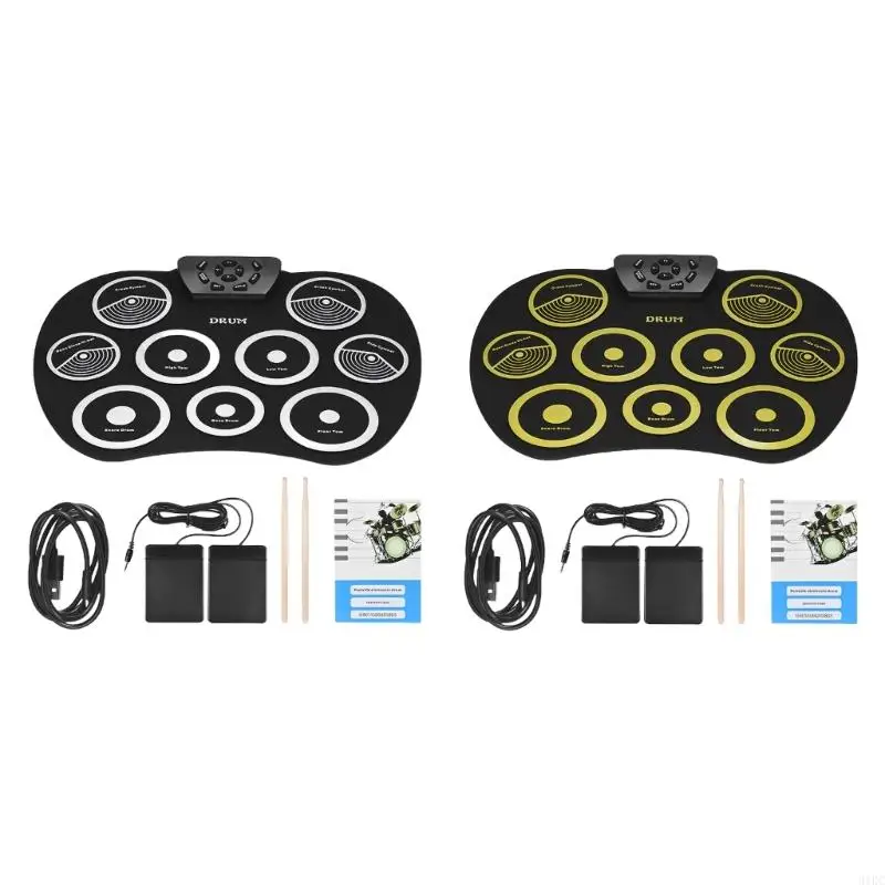 Electronic Drum Pads, 9 Pads Rolls up Practice Drum Set Built-in Speaker and Headphone Drum Sticks and Drum Pedal