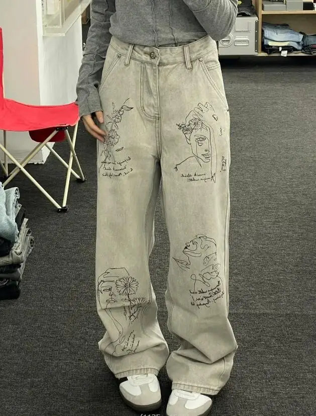 

Women's Graffiti Jeans Baggy Harajuku Y2k High Waist Denim Trousers Aesthetic Jeans Pants Vintage 2000s Trashy Clothes 2024 w979