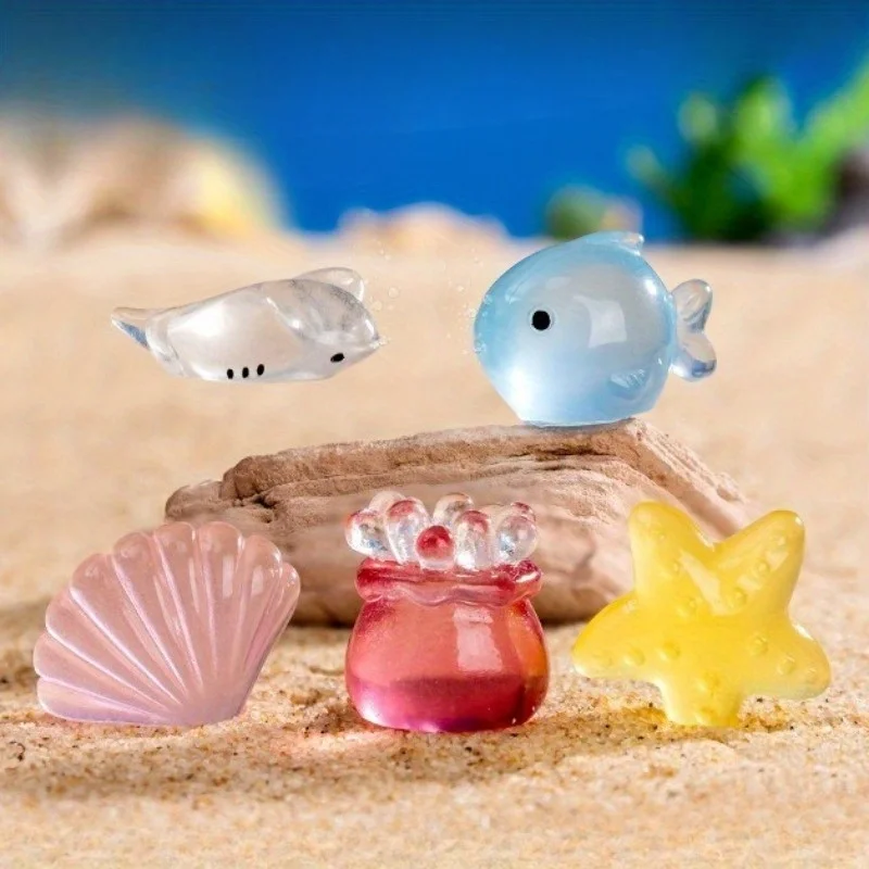 Luminous Resin Ocean Ornaments, Cartoon Shell Conch Coral Decorations for Beach Landscape & Fish Tank DIY Crafts Short Descr