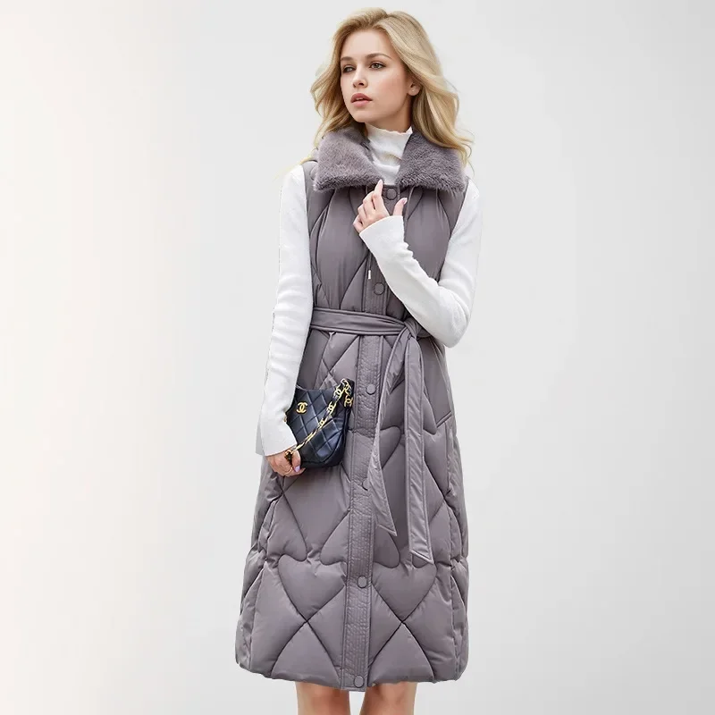 Winter Vrouwen Nieuwe Lange Mouwloze Katoenen Jas Vrouwelijke Bont Revers Thiken Warm Vest Jassen Vrouwen Taille Afslanken Vest Jas 2025