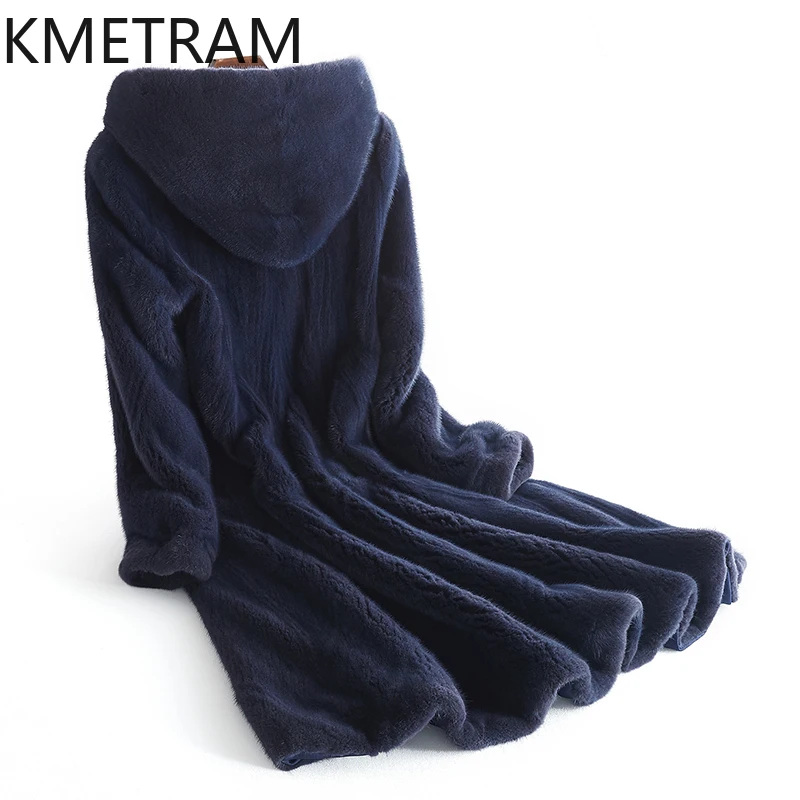 سترة KMETRAM 100% من فرو المنك الطبيعي بالكامل للنساء معطف طويل من الفرو الحقيقي باللون الأزرق الداكن مع غطاء محرك السيارة معاطف شتوية ملابس نسائية 2025 schuba
