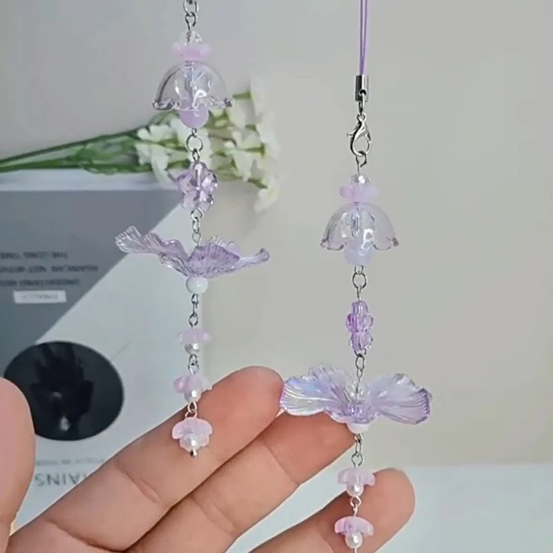 13cm Sweet Purple Butterfly Wind Chimes Keychain Pendant Phone Chain Strap Lanyard Girly Bag Hanging Ornaments Accessories Gift