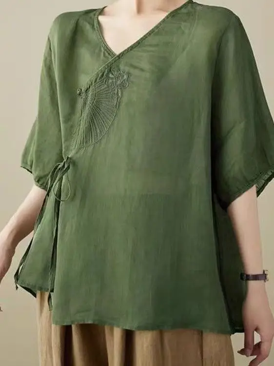 

Summer 2026 Women's Casual Cotton Linen Shirt Vintage Asymmetrical Hem Thin Loose plus Size Trendy Top UV Protection Short Sl...