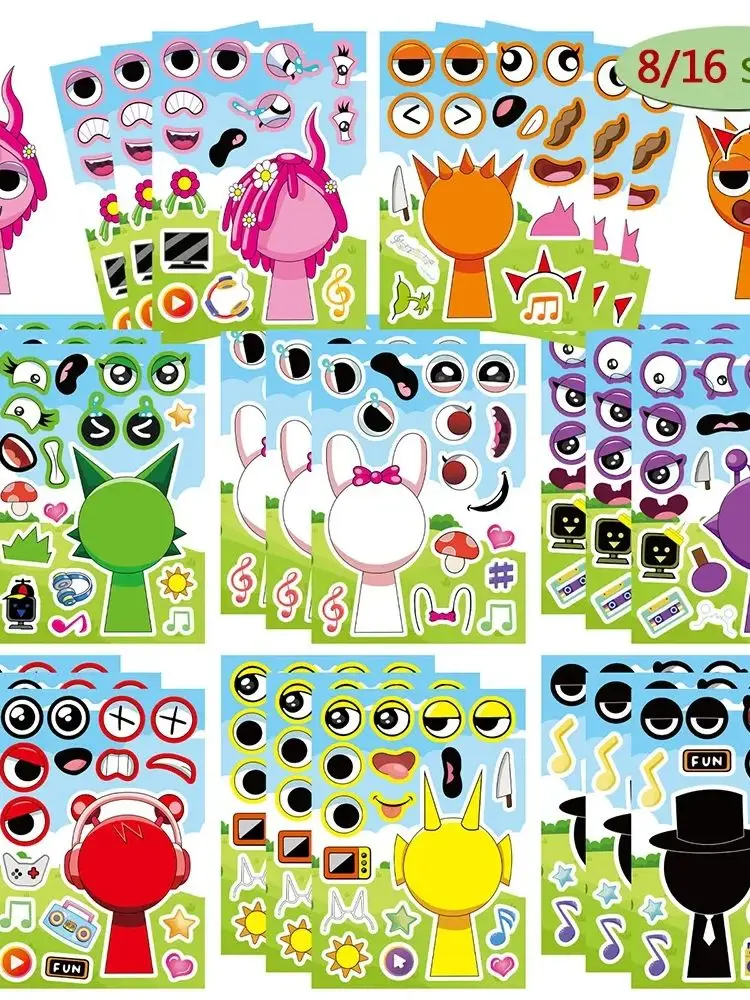 8/16 feuilles Incredibox Sprunki Puzzle autocollants enfants faire un visage Ryder Anime assembler Puzzle enfant bricolage jeu fête décoration