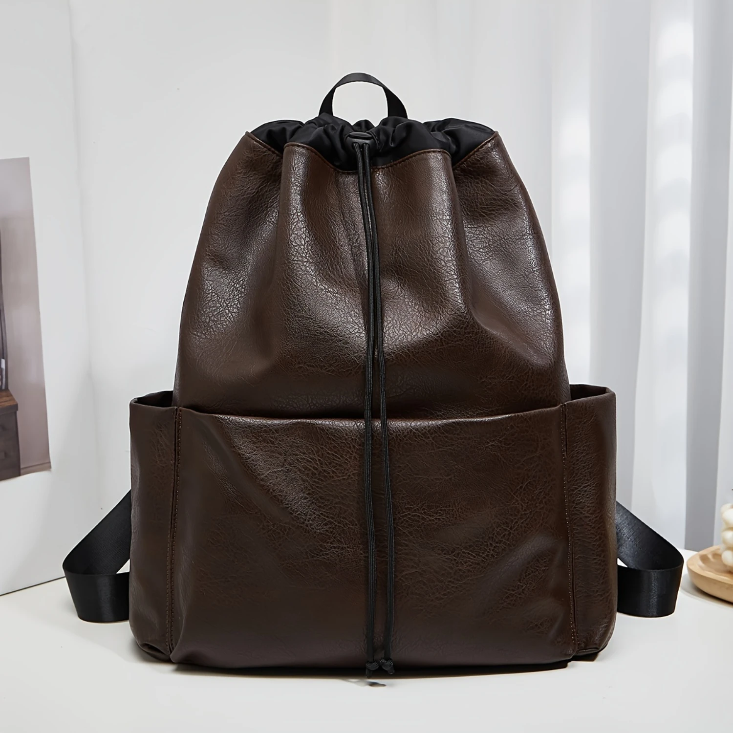 

Vintage Drawstring Faux Leather Backpack - Large Capacity Unisex Travel Bag - Solid Color Fashion Daypack