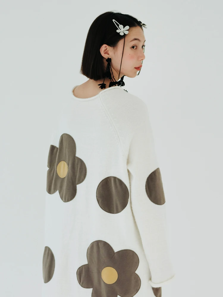 imakokoni original design round neck pullover long sleeve sweater dress polka dot flower pattern autumn winter dress for women