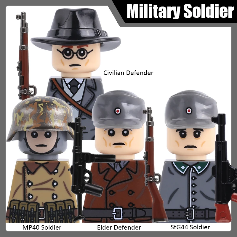 Military Army Civilian Defender Building Blocks WW2 Warrior Soldier Figures Helmet MP40 StG44 Guns Accessories Bricks Toys Gifts